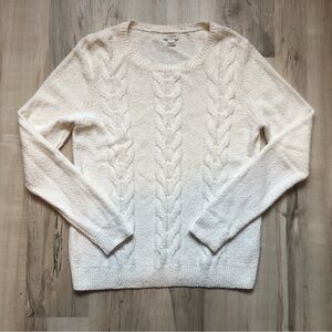 J. Crew Cotton White Cream Cable Knit Crewneck Sweater